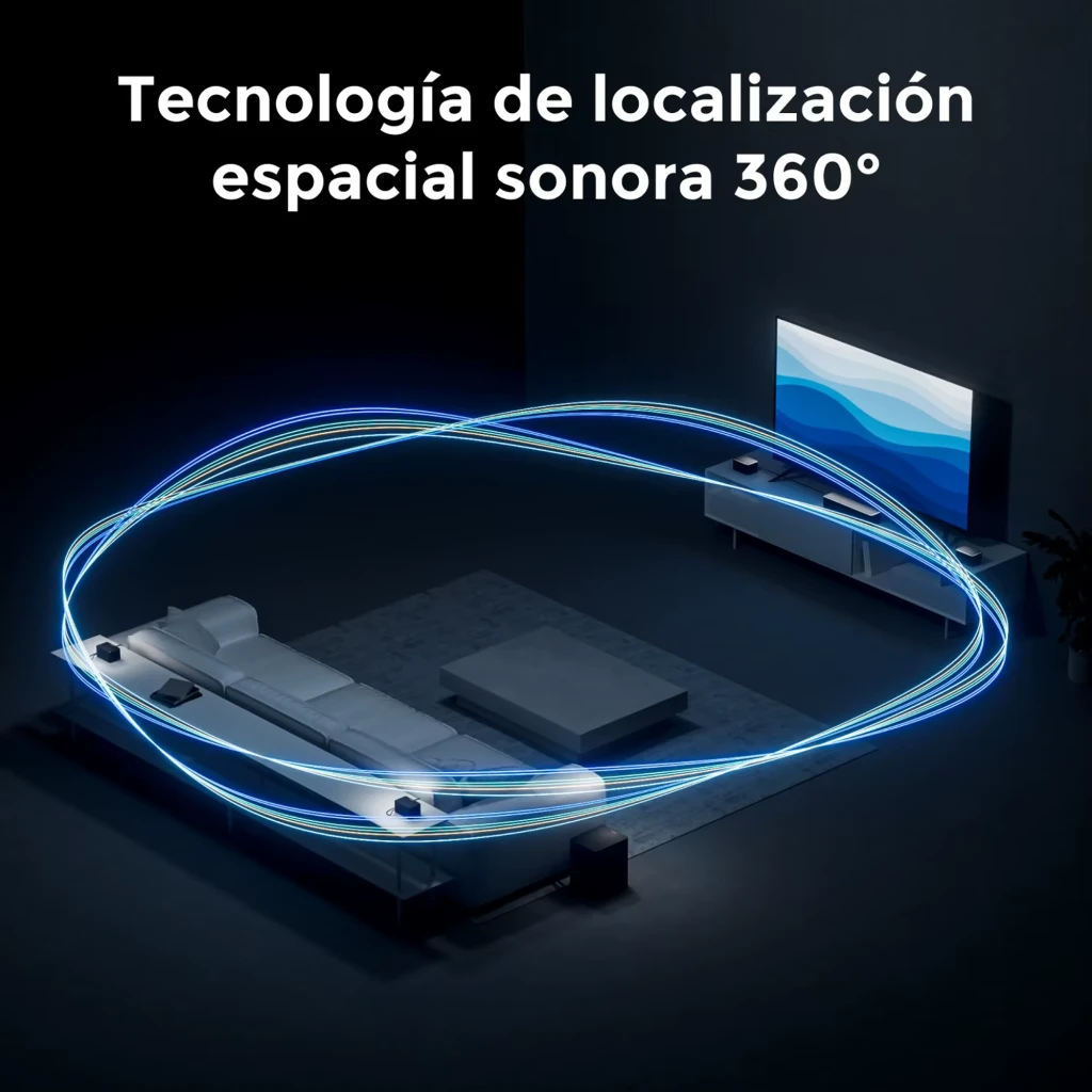 Ultimea Poseidon D80 BOOM Soundbar preto, vista conjunto: barra, subwoofer e 4 satélites pretos em perspetiva - Item7