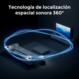 Ultimea Poseidon D80 BOOM Soundbar Negro, infografía: tecnología de localización espacial sonora 360° con ondas azules en