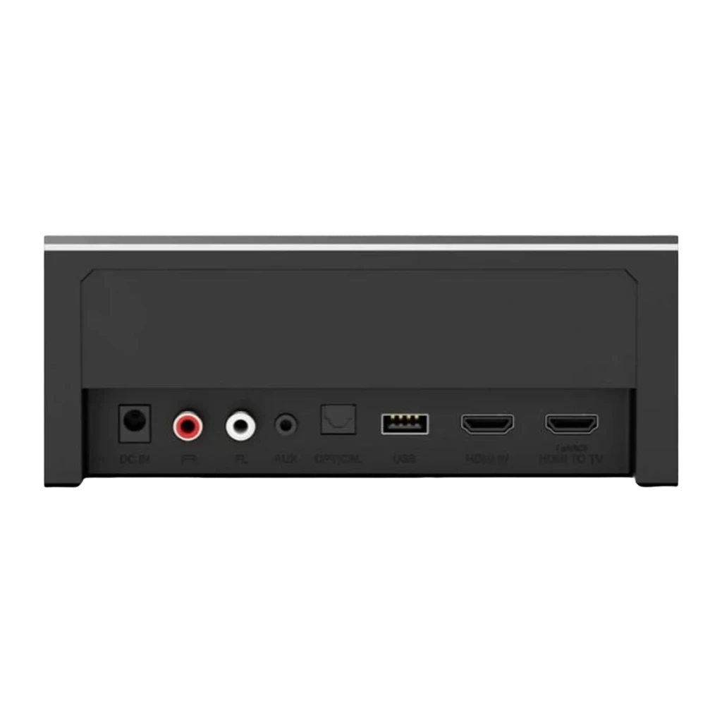 Ultimea Poseidon D80 BOOM Soundbar preto, vista conjunto: barra, subwoofer e 4 satélites pretos em perspetiva - Item1