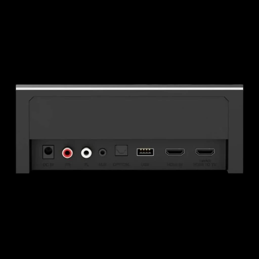 Ultimea Poseidon D80 BOOM Soundbar negro, vista trasera: puertos DC IN, FR, RL, AUX, óptico, USB y dos HDMI