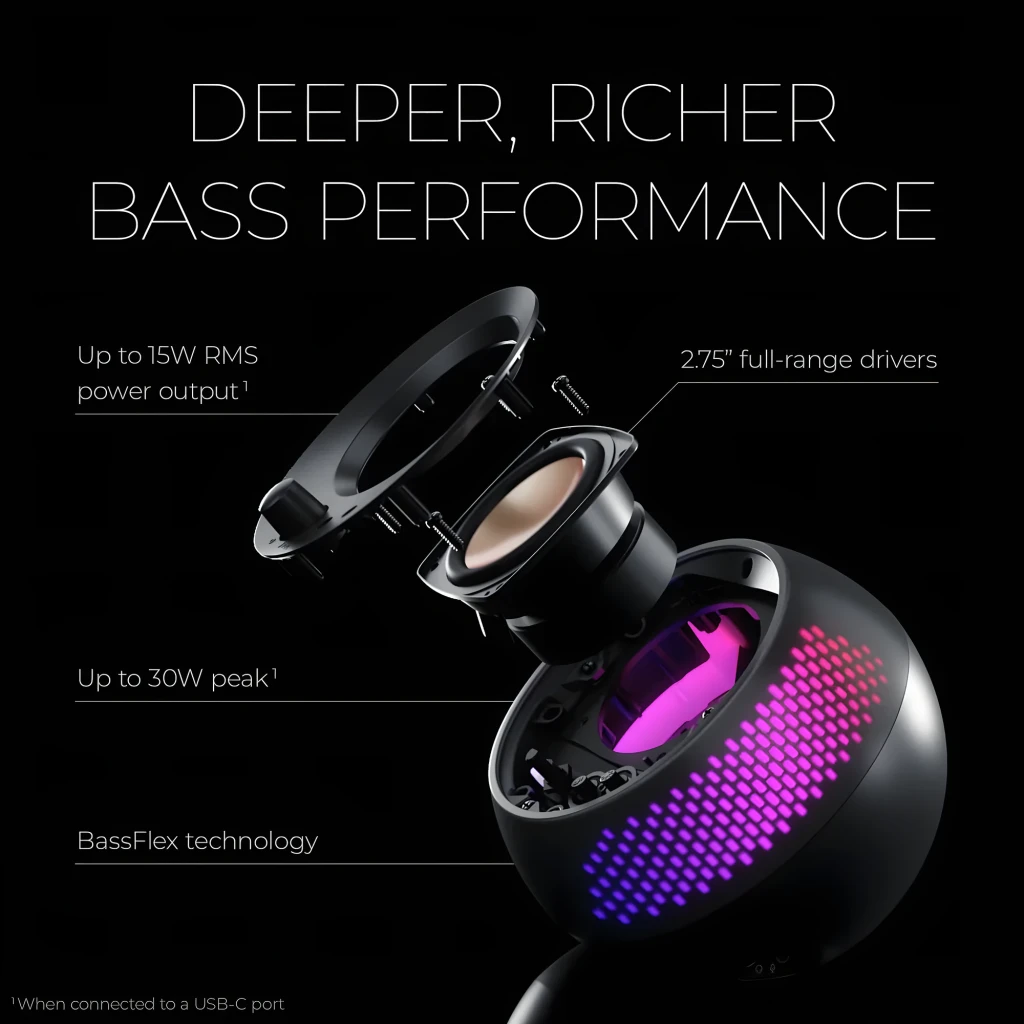 Creative Pebble X Plus 2.1 preto, vista explodida: altifalante com drivers 2.75", iluminação RGB e tecnologia BassFlex