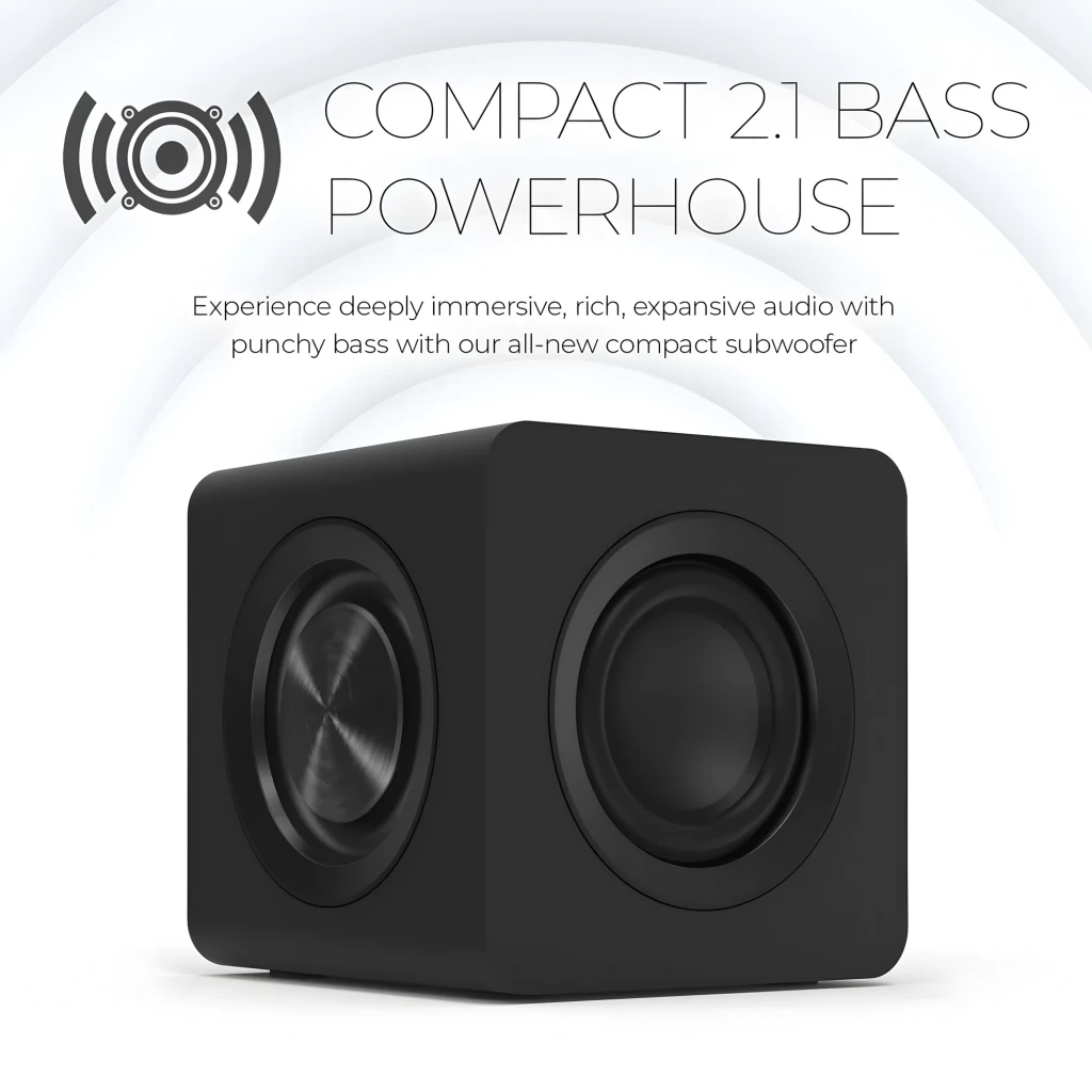 Creative Pebble X Plus 2.1 preto, detalhe subwoofer: caixa cúbica preta com dois woofers circulares visíveis na frente