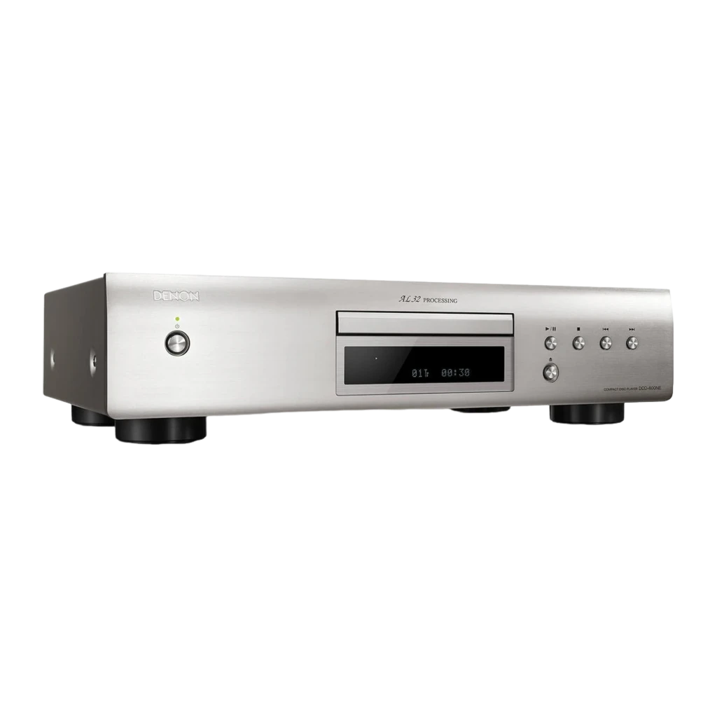 Denon Lecteur CD DCD-600NE Argent, vue de face avec télécommande noire positionnée à droite - Ítem1