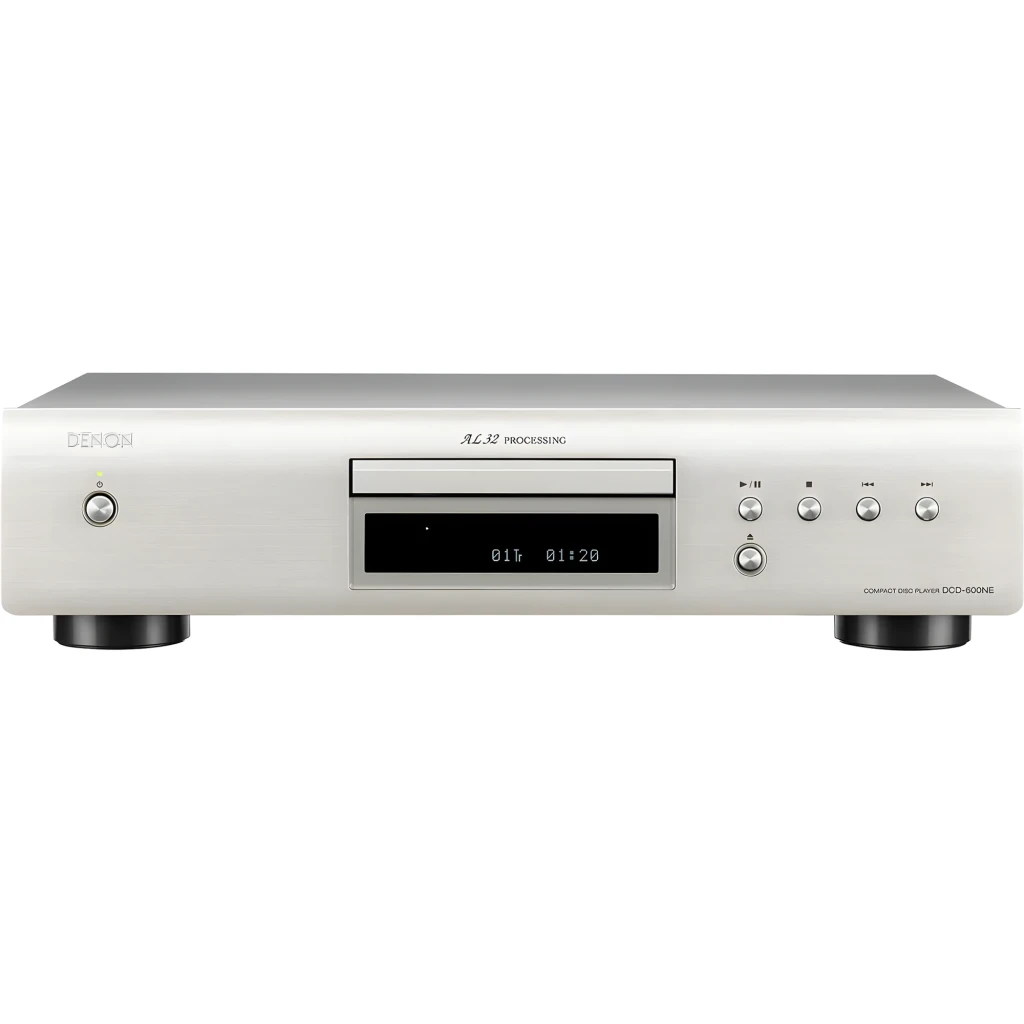 Denon Lecteur CD DCD-600NE Argent, vue de face avec télécommande noire positionnée à droite - Ítem3