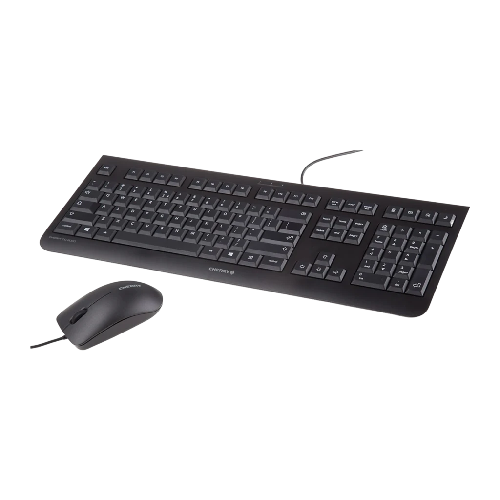 CHERRY DC 2000 USB Español Negro, vista superior: teclado completo con teclado numérico y teclas blancas sobre negro - Ítem1