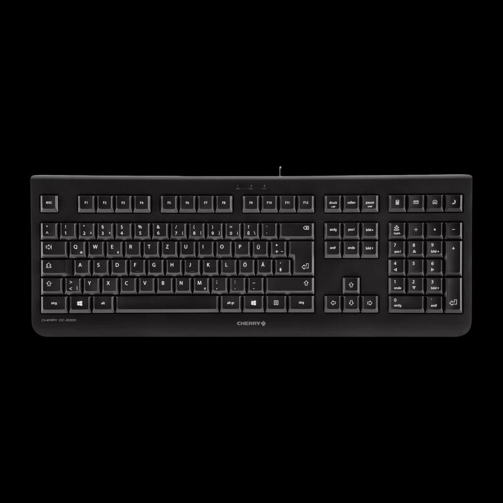 CHERRY DC 2000 USB Español Negro, vista superior: teclado completo con teclado numérico y teclas blancas sobre negro