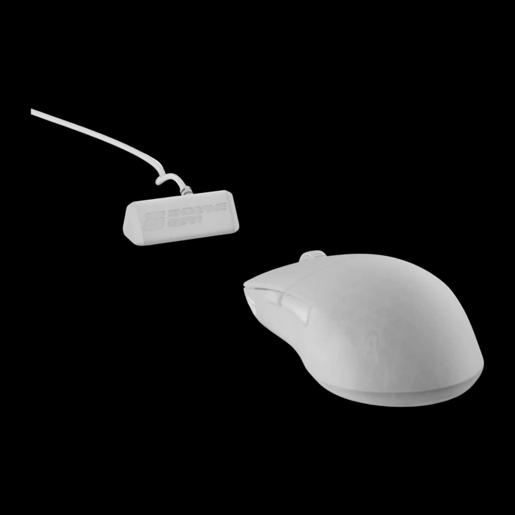 Endgame Gear XM2w 4k Wireless blanco, kit completo: ratón en vista lateral junto a receptor USB con cable