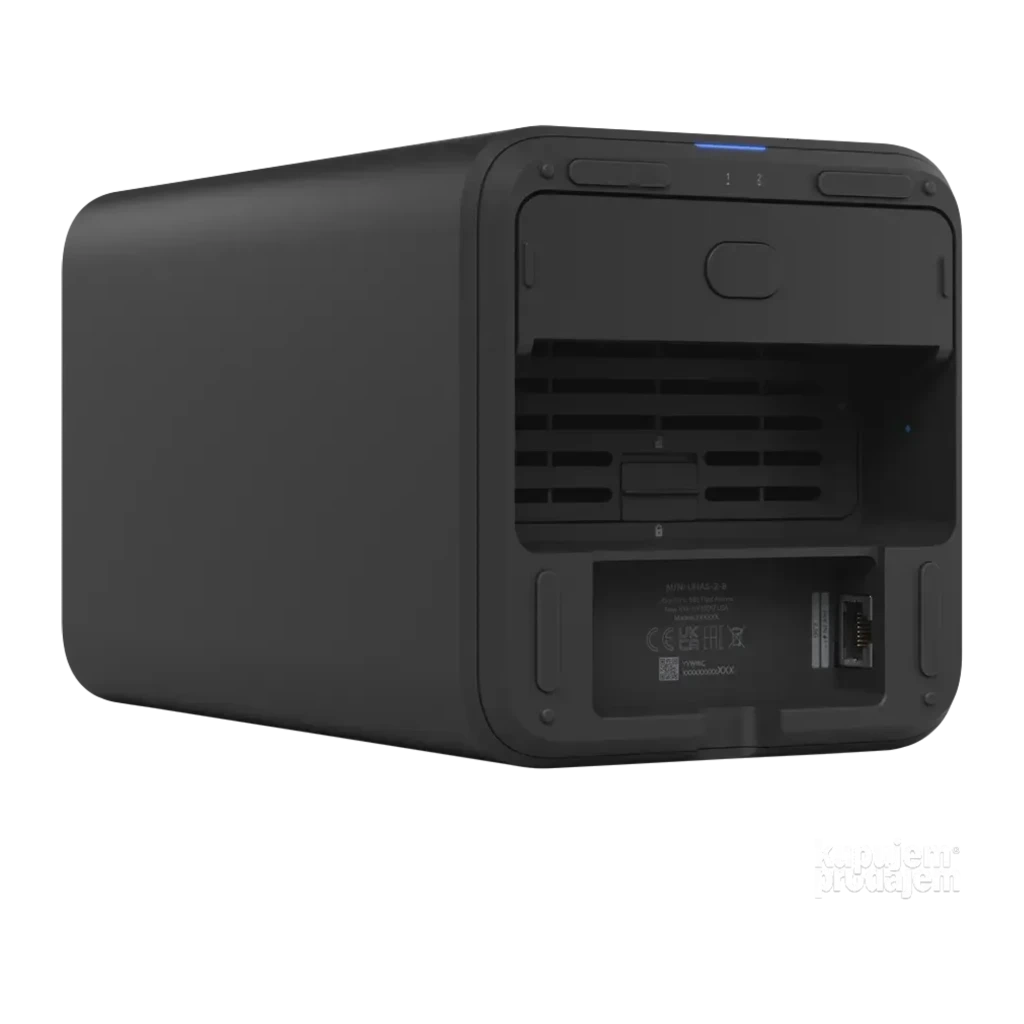 Ubiquiti UniFi UNAS-2-B negro, vista trasera en ángulo: rejillas de ventilación, puerto Ethernet y LED azul superior