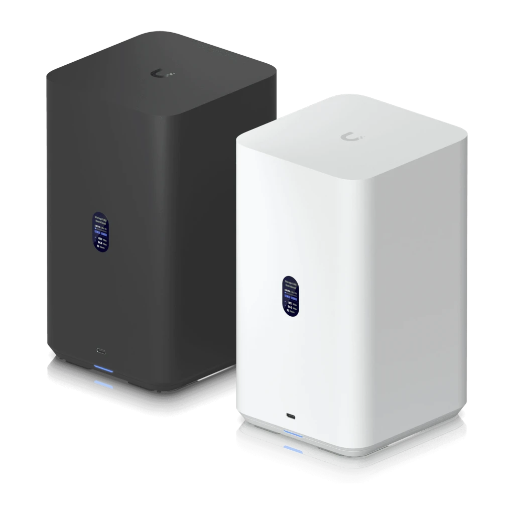 Ubiquiti NAS UniFi UNAS-2-B, comparativa colores: versión negra y blanca frente a frente, LED azul inferior visible