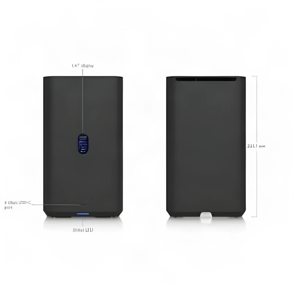 Ubiquiti NAS UniFi UNAS-2-B negro, vistas frontal y trasera con cotas: pantalla LED azul y ranura HDD visibles