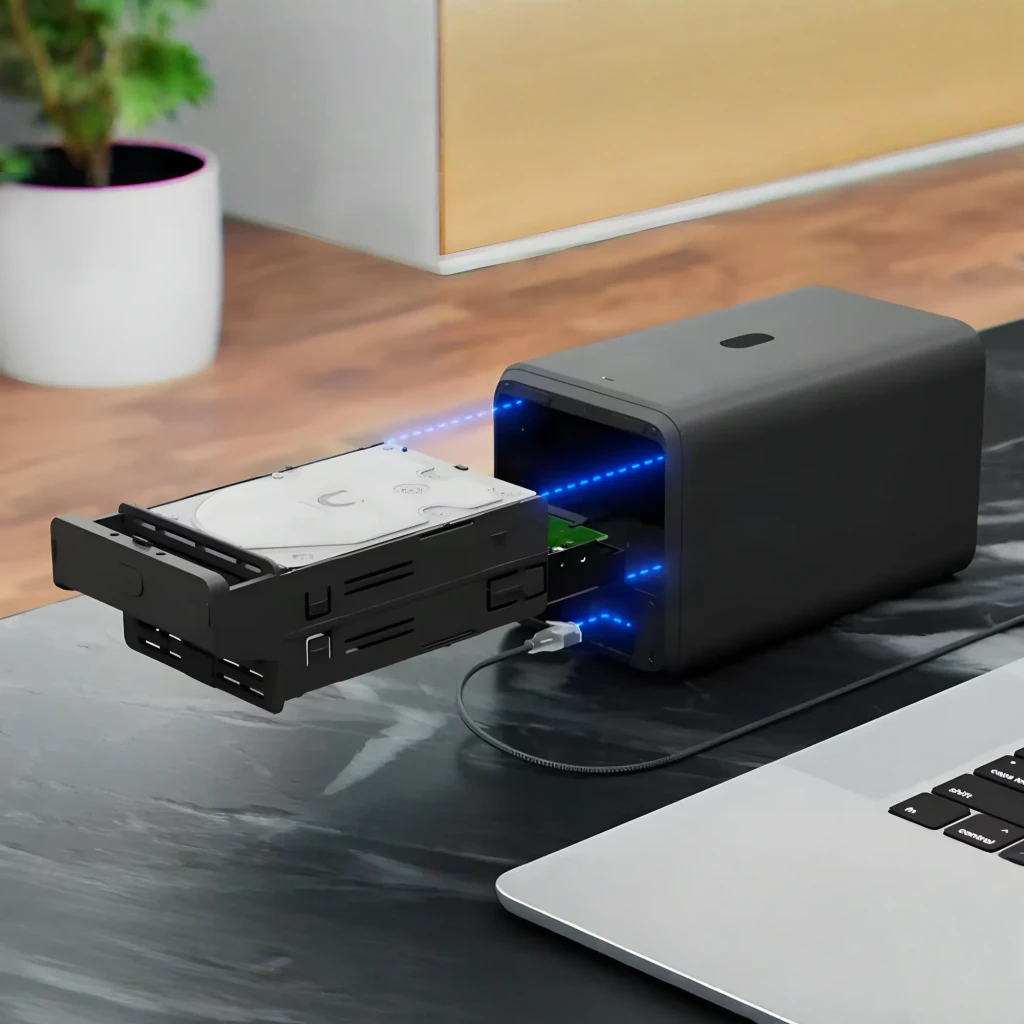 Ubiquiti UniFi NAS UNAS-2-B negro, bandeja extraída: disco duro 3.5" extraído con LEDs azules y cable USB-C conectado