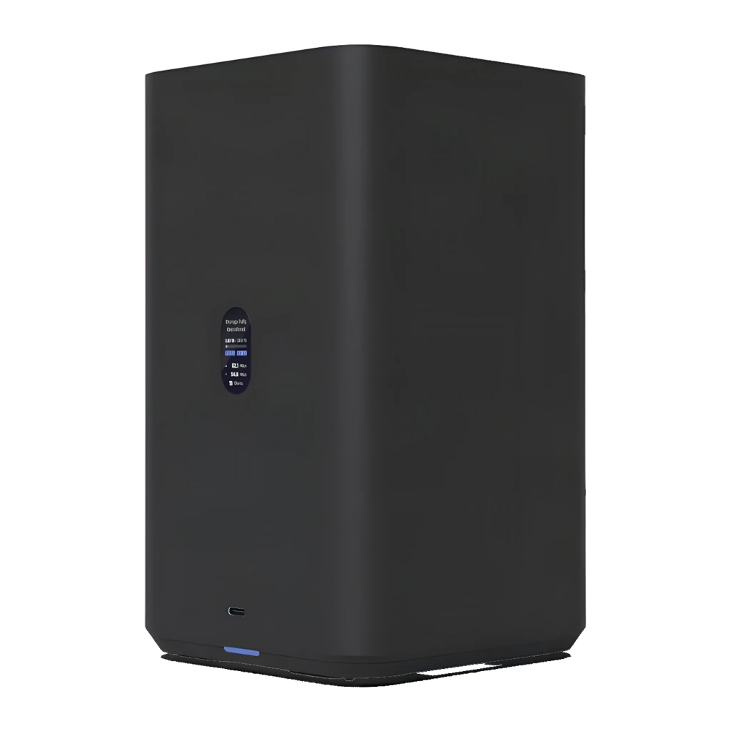 Ubiquiti UniFi UNAS-2-B NAS negro, vista frontal lateral: pantalla oval con métricas, puerto USB-C y LED azul inferior
