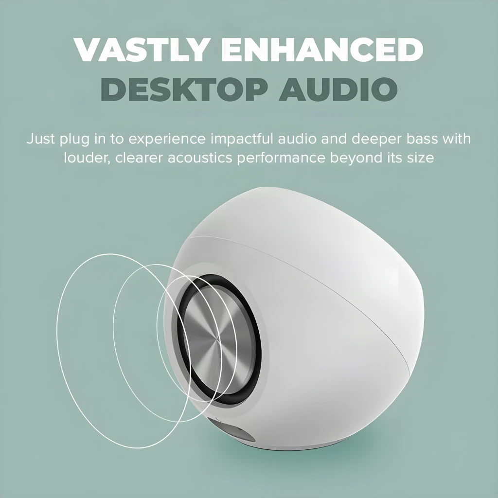 Creative Pebble Pro branco, vista lateral: coluna esférica com driver metálico e ondas sonoras animadas