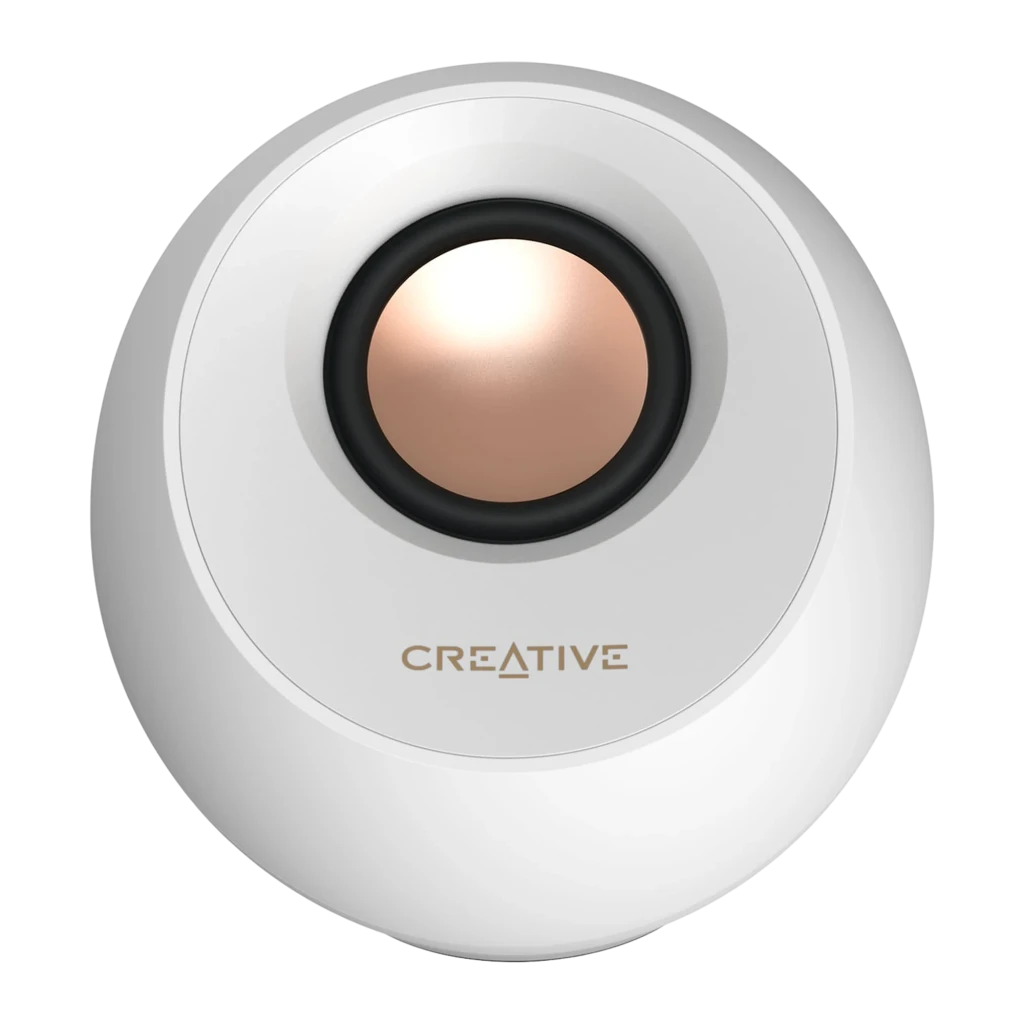 Creative Pebble Pro branco, vista frontal: altifalante esférico com cone cobre, logótipo Creative gravado