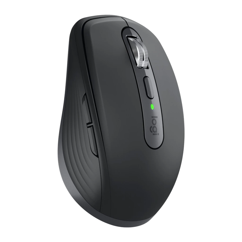 Logitech Rato MX Anywhere 3S for Business Grafite, vista frontal-lateral direita: roda metálica, LED verde e logo logi