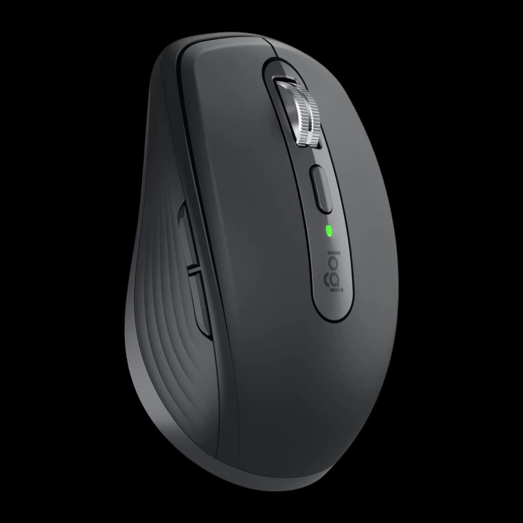 Logitech Ratón MX Anywhere 3S for Business Grafito, vista frontal-lateral derecha: rueda metálica, LED verde y logo logi
