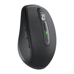 Logitech Ratón MX Anywhere 3S for Business Grafito, vista frontal-lateral derecha: rueda metálica, LED verde y logo logi