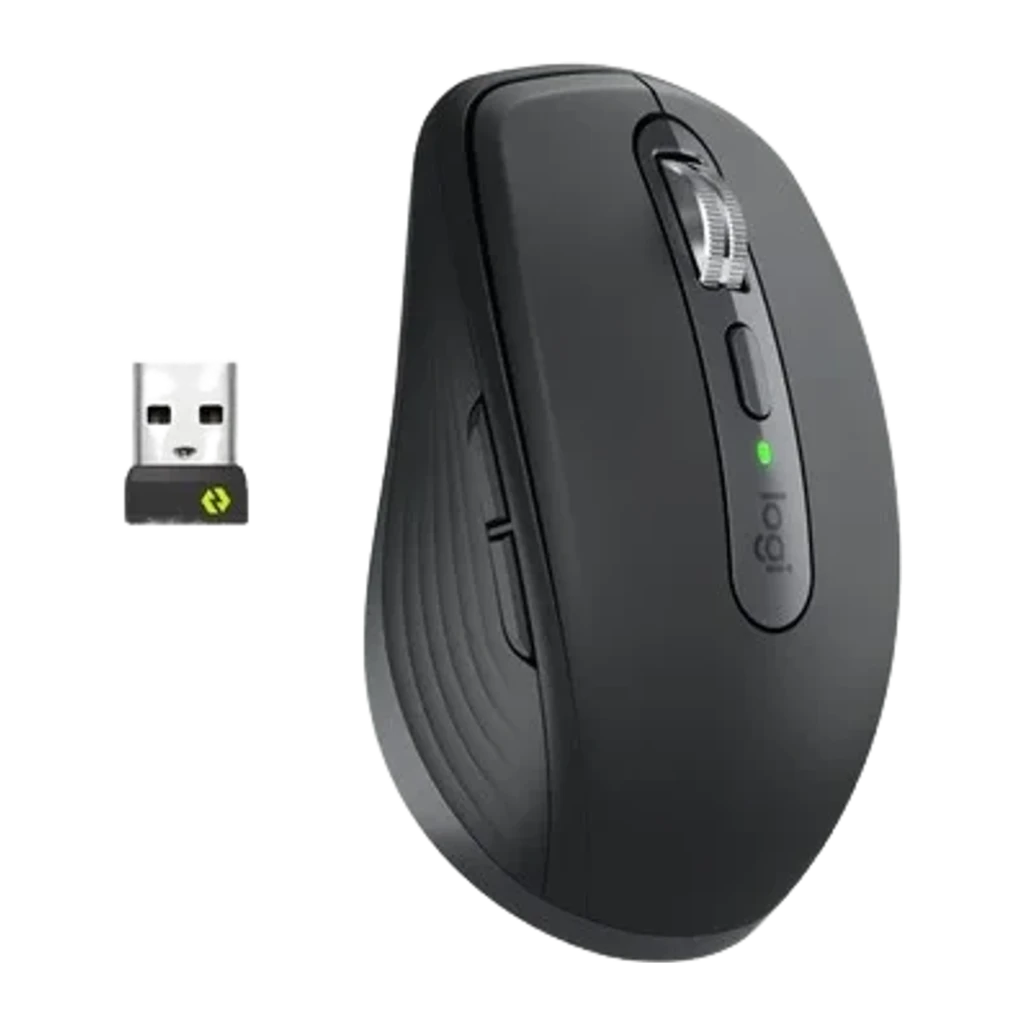 Logitech Rato MX Anywhere 3S for Business Grafite, vista lateral com receptor USB Bolt incluído em fundo preto