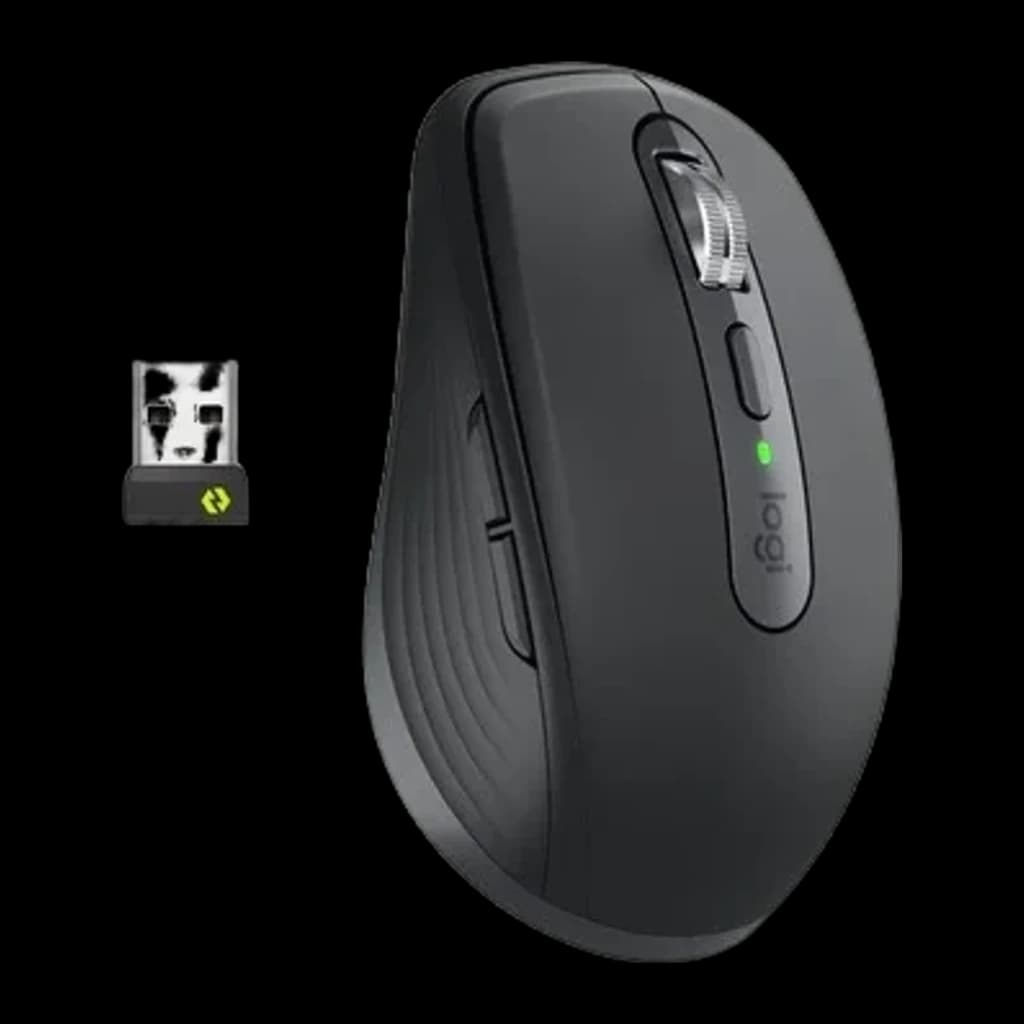 Logitech Ratón MX Anywhere 3S for Business Grafito, vista lateral con receptor USB Bolt incluido en fondo negro