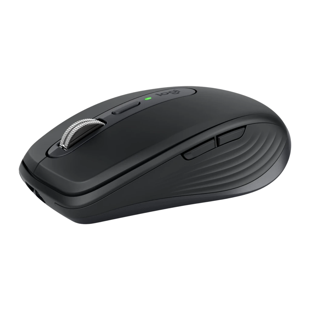 Logitech Rato MX Anywhere 3S for Business Grafite, vista lateral: roda metálica, botões laterais e LED verde