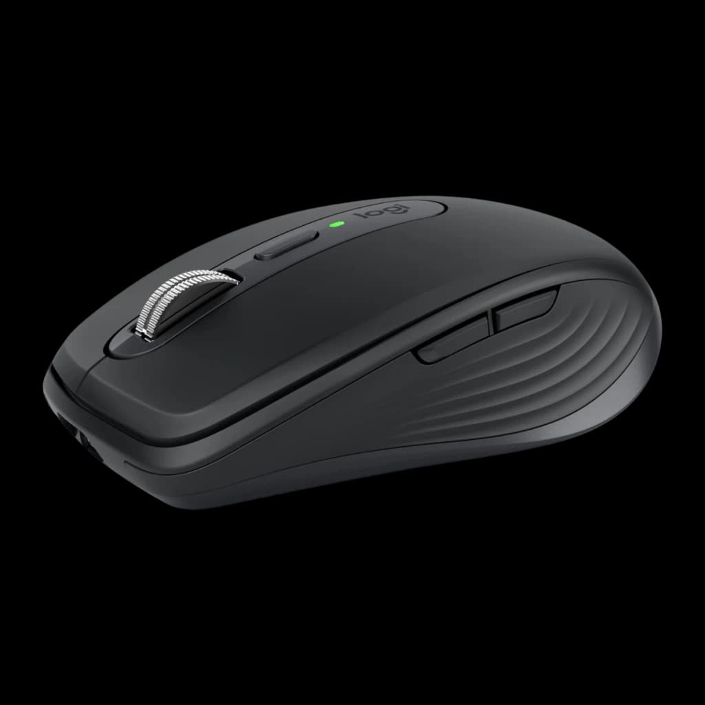Logitech Ratón MX Anywhere 3S for Business Grafito, vista lateral: rueda metálica, botones laterales y LED verde