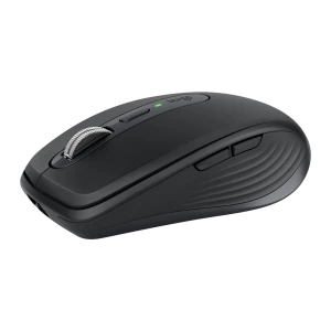 Logitech Ratón MX Anywhere 3S for Business Grafito, vista lateral: rueda metálica, botones laterales y LED verde