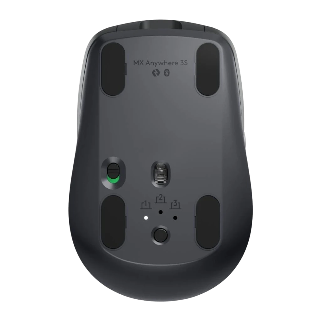 Logitech Rato MX Anywhere 3S for Business Grafite, vista inferior: sensor óptico, botão Easy-Switch e patins