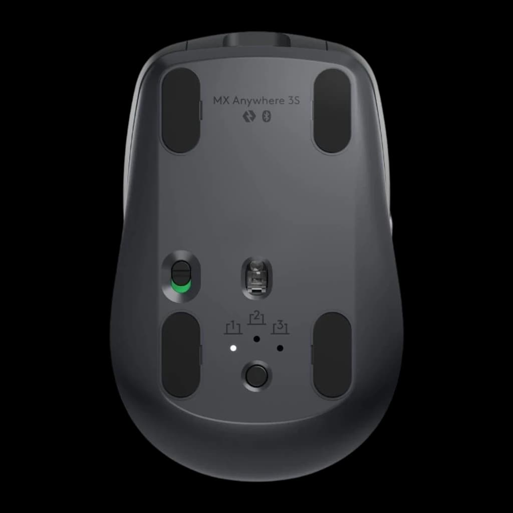 Logitech Ratón MX Anywhere 3S for Business Grafito, vista inferior: sensor óptico, botón Easy-Switch y almohadillas
