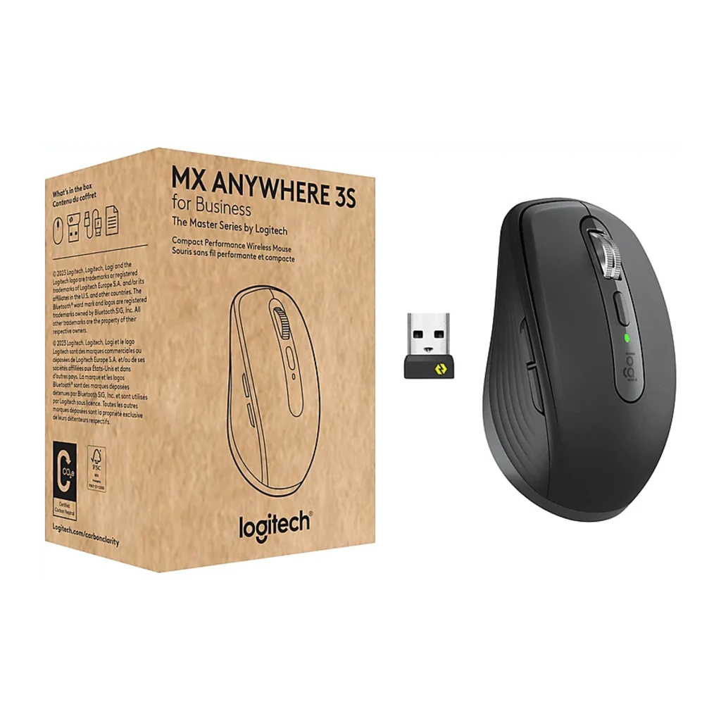 Logitech Rato MX Anywhere 3S for Business Grafite, conteúdo da caixa: rato cinzento, receptor USB Logi Bolt e caixa de cartão