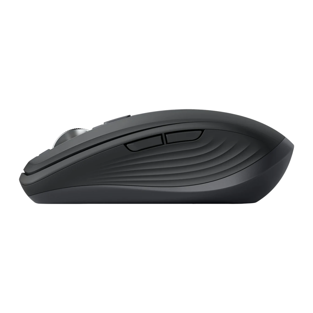 Logitech Rato MX Anywhere 3S for Business Grafite, vista lateral: roda de deslocamento metálica e botões laterais visíveis
