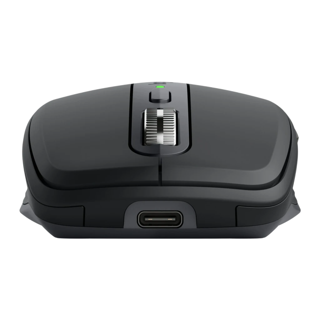 Logitech Rato MX Anywhere 3S for Business Grafite cinzento, vista frontal: roda metálica, LED verde e porta USB-C visíveis