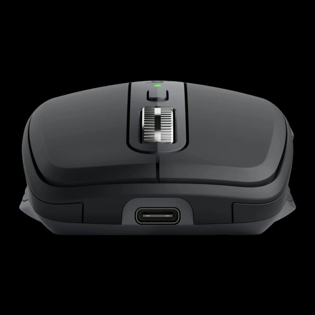 Logitech Ratón MX Anywhere 3S for Business Grafito gris, vista frontal: rueda metálica, LED verde y puerto USB-C visibles