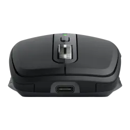 Logitech Ratón MX Anywhere 3S for Business Grafito gris, vista frontal: rueda metálica, LED verde y puerto USB-C visibles