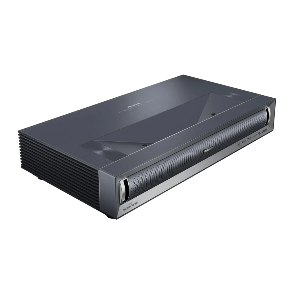 Hisense Projetor laser PX3 4K UHD 2800 lúmens preto, vista frontal lateral: grade de alto-falante, ventilação lateral e logótipos de certificação - Item1