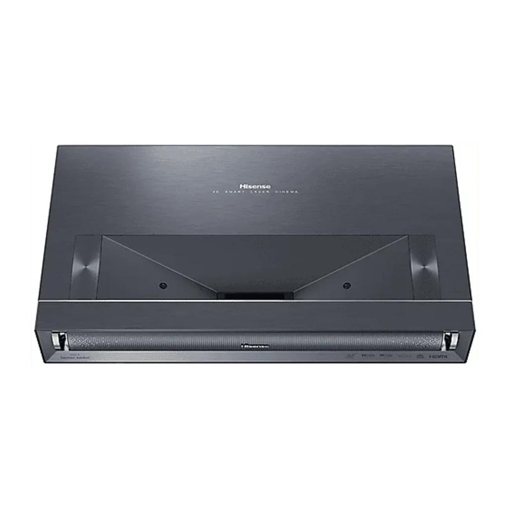 Hisense Projetor laser PX3 4K UHD 2800 lúmens preto, vista frontal lateral: grade de alto-falante, ventilação lateral e logótipos de certificação - Item2