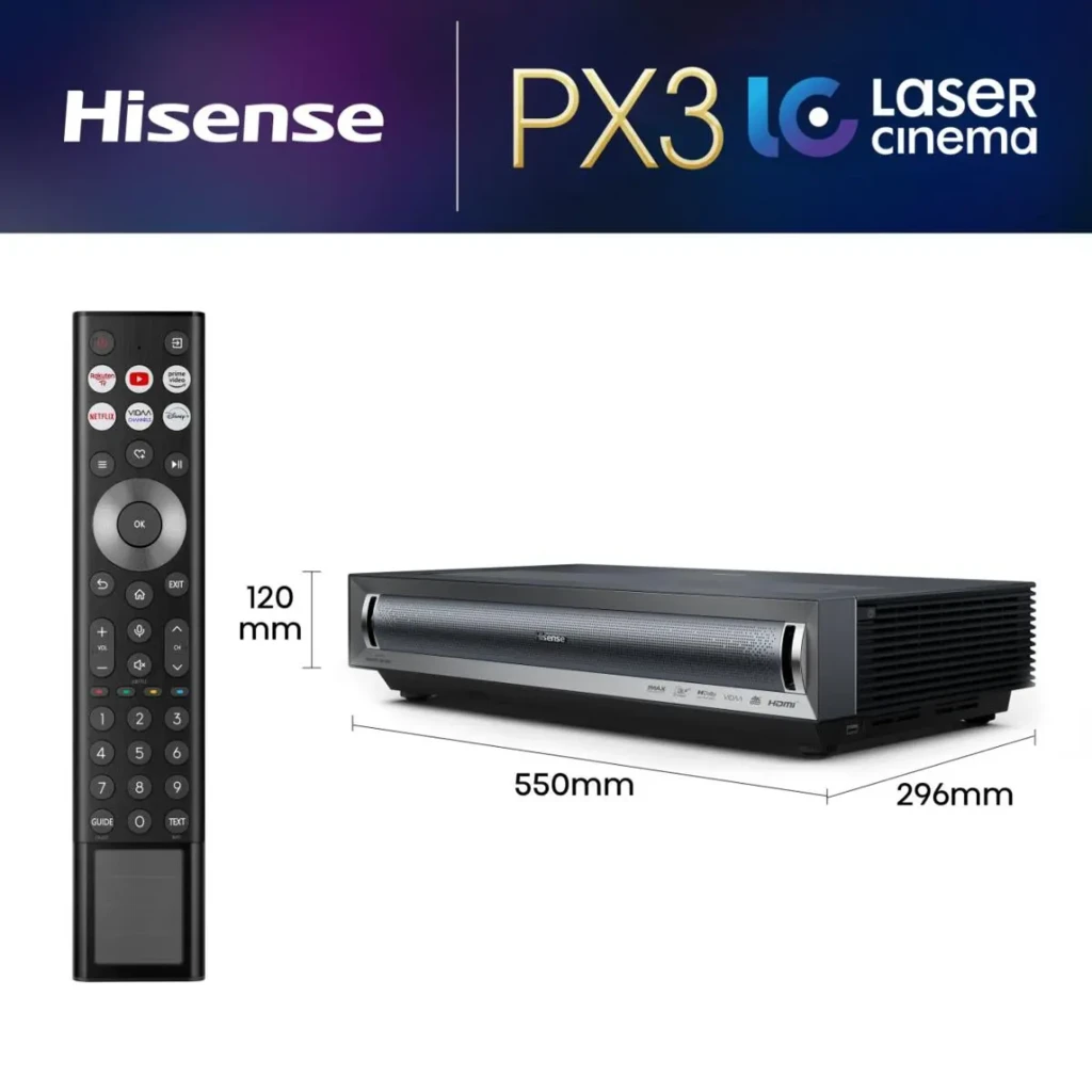 Hisense Projetor laser PX3 4K UHD 2800 lúmens preto, vista frontal lateral: grade de alto-falante, ventilação lateral e logótipos de certificação - Item5