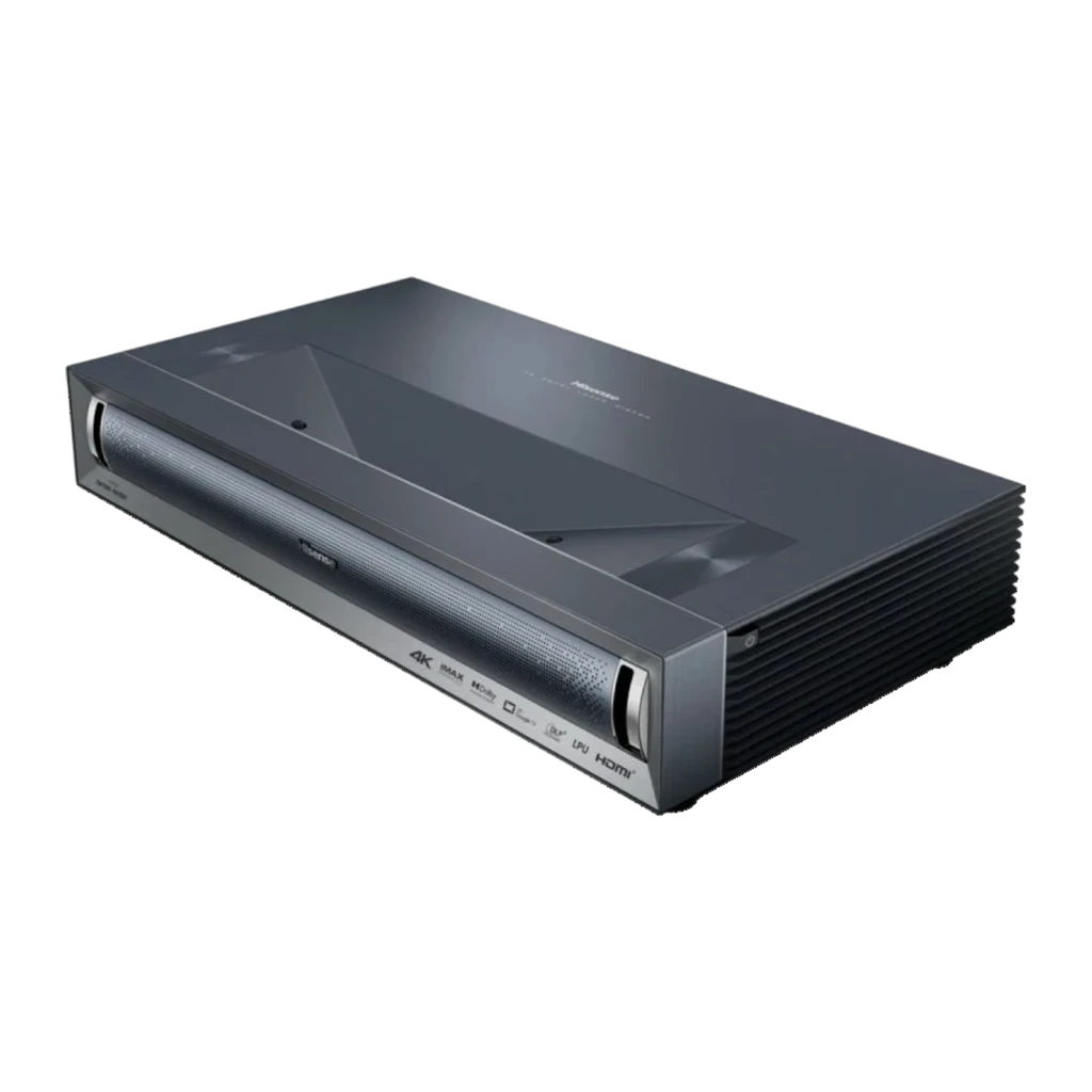 Hisense Projetor laser PX3 4K UHD 2800 lúmens preto, vista frontal lateral: grade de alto-falante, ventilação lateral e logótipos de certificação - Item3