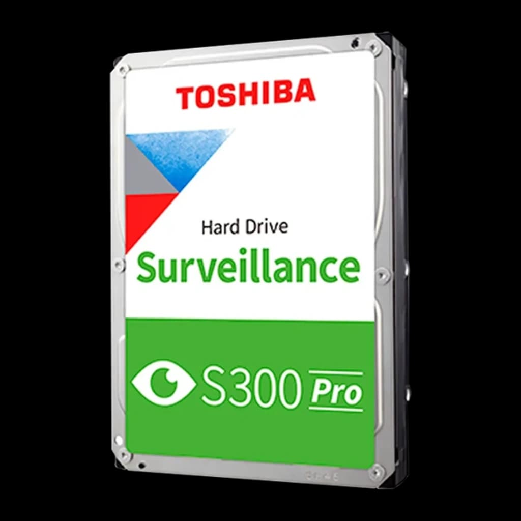 Toshiba S300 Pro 16TB, vista angular: disco rígido 3.5" com etiqueta Surveillance e logo S300 Pro em verde
