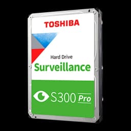 Toshiba S300 Pro 16TB, vista angular: disco rígido 3.5" com etiqueta Surveillance e logo S300 Pro em verde