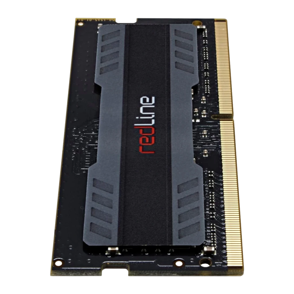 Mushkin Redline SO-DIMM 3200 16GB negro, vista frontal: dos módulos RAM apilados con disipador gris y logo redline en rojo - Ítem1