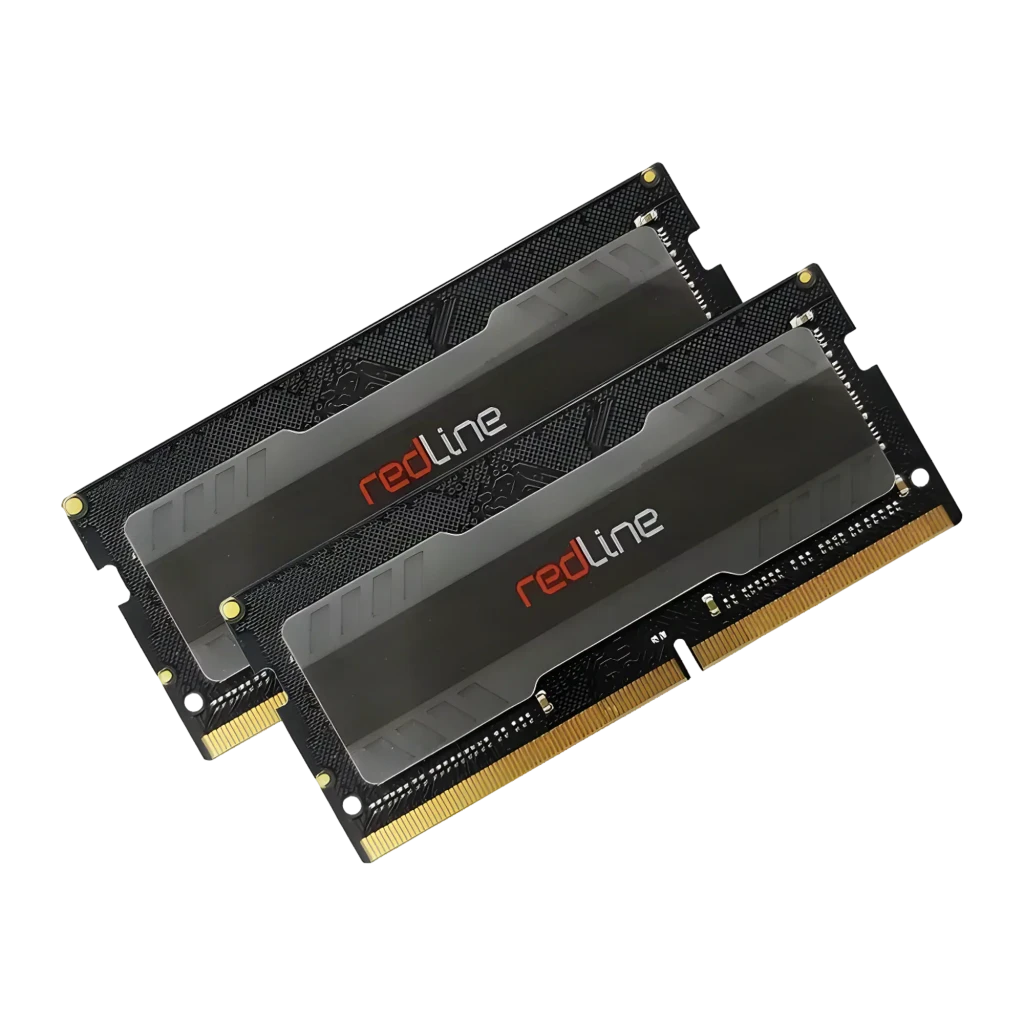 Mushkin Redline SO-DIMM 3200 16GB negro, vista frontal: dos módulos RAM apilados con disipador gris y logo redline en rojo - Ítem4