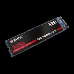 Emtec X250 SSD Power Plus 128GB, vista em perspectiva: etiqueta preta e vermelha, conector M.2 SATA e PCB azul visíveis