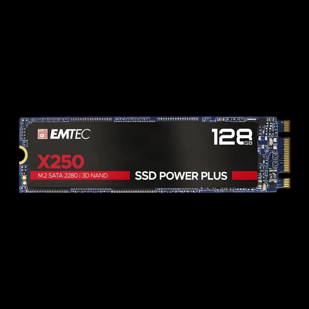 Emtec X250 SSD Power Plus 128GB M.2, vista frontal: etiqueta preta com logo, modelo X250 e conector dourado