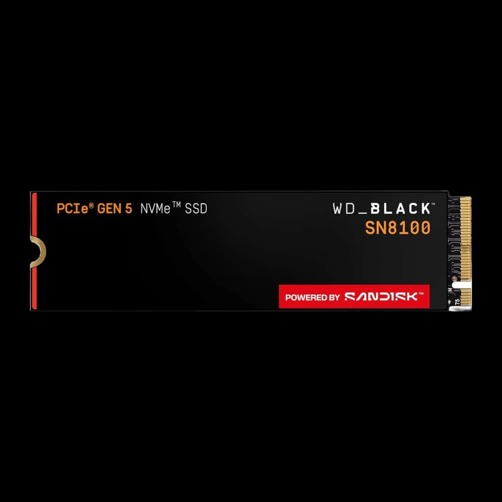 WD Black SN8100 8TB noir, vue de face: SSD M.2 2280 avec étiquette PCIe Gen 5 NVMe et logo SanDisk en rouge