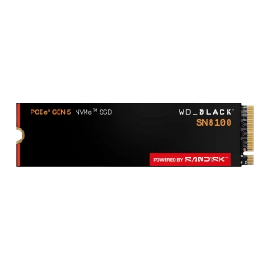 WD Black SN8100 8TB negro, vista frontal: SSD M.2 2280 con etiqueta PCIe Gen 5 NVMe y logo SandDisk en rojo