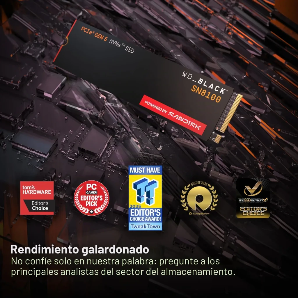 WD Black SN8100 8TB negro, vista frontal: SSD M.2 2280 con etiqueta PCIe Gen 5 NVMe y logo SandDisk en rojo - Ítem3