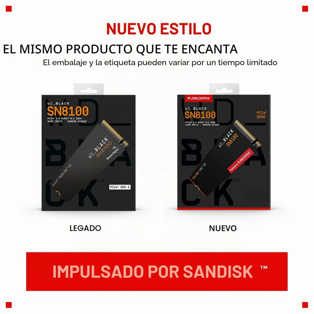 WD Black SN8100 8TB negro, vista frontal: SSD M.2 2280 con etiqueta PCIe Gen 5 NVMe y logo SandDisk en rojo - Ítem4