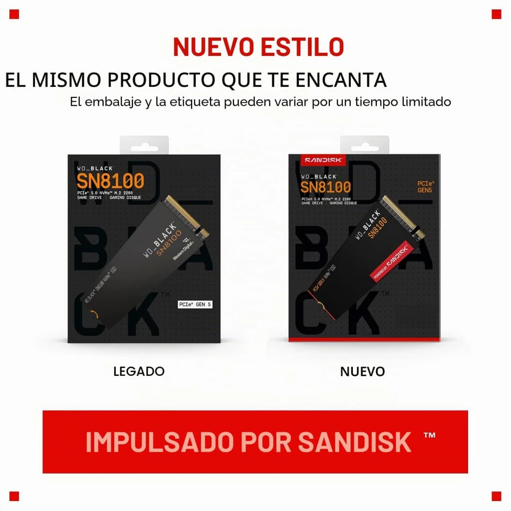 WD Black SN8100 8TB noir, comparaison emballage: boîte ancienne WD et nouvelle boîte Sandisk PCIe Gen5