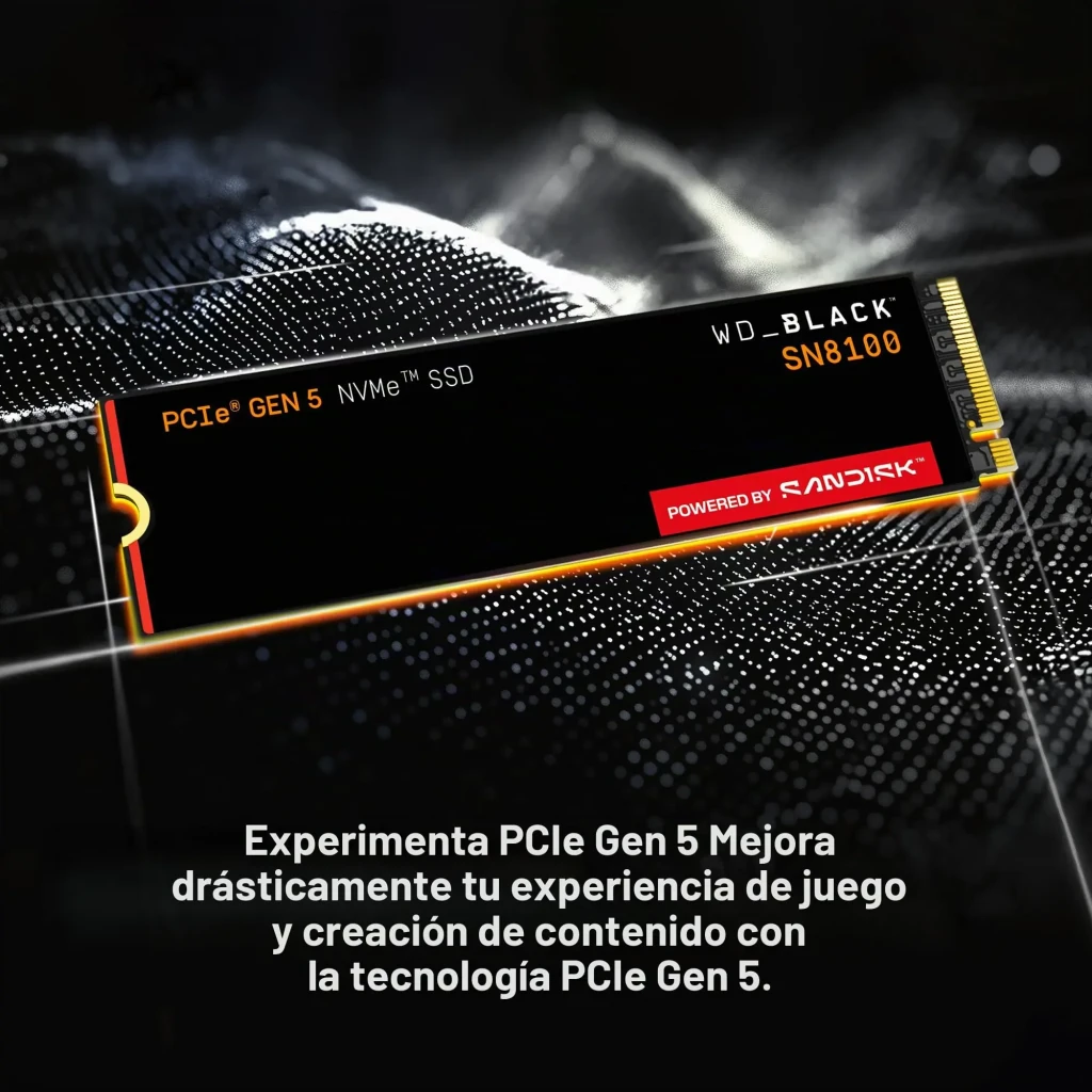 WD Black SN8100 8TB negro, vista frontal: SSD M.2 2280 con etiqueta PCIe Gen 5 NVMe y logo SandDisk en rojo - Ítem5
