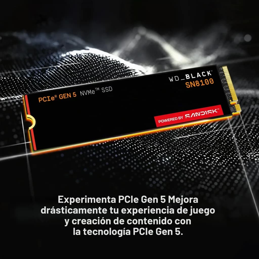 WD Black SN8100 8TB noir, vue de face en angle: SSD M.2 avec étiquette PCIe Gen 5 NVMe et connecteur doré